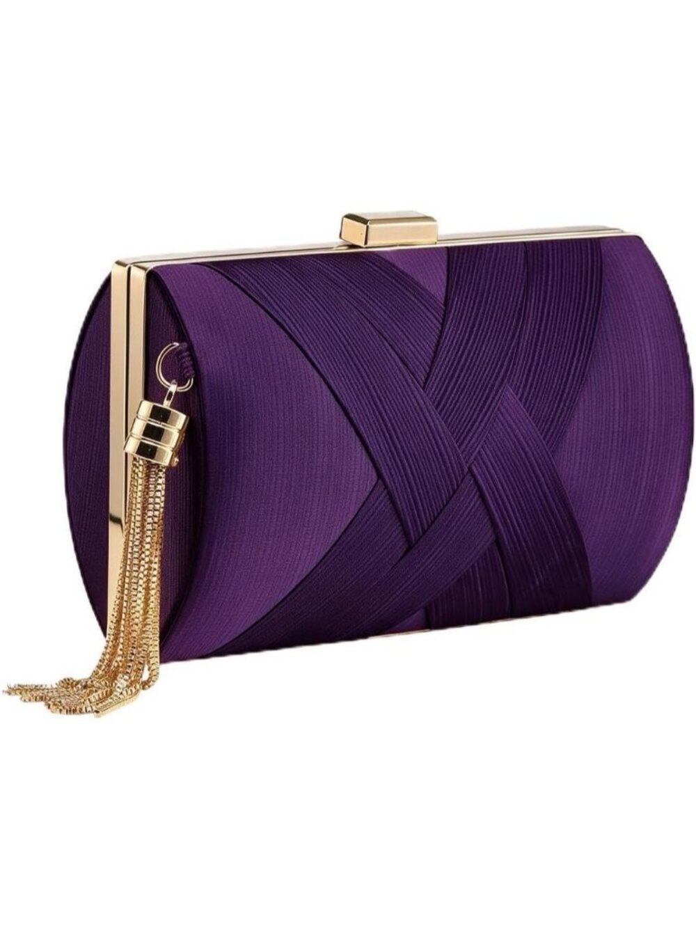 Women's Purple Silk Satin Clutch Purse Pearl Tassel With Chain Evening Bag